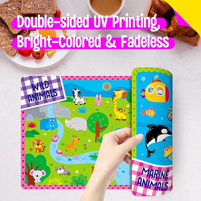 4 Pack Placemats for Kids, Non-Slip Washable Table Mats, Double-Sided Reusable Universe, Alphabet, Numbers, Map of USA & World Educational Placemats for Home, Kindergarten, Classroom, Nursery