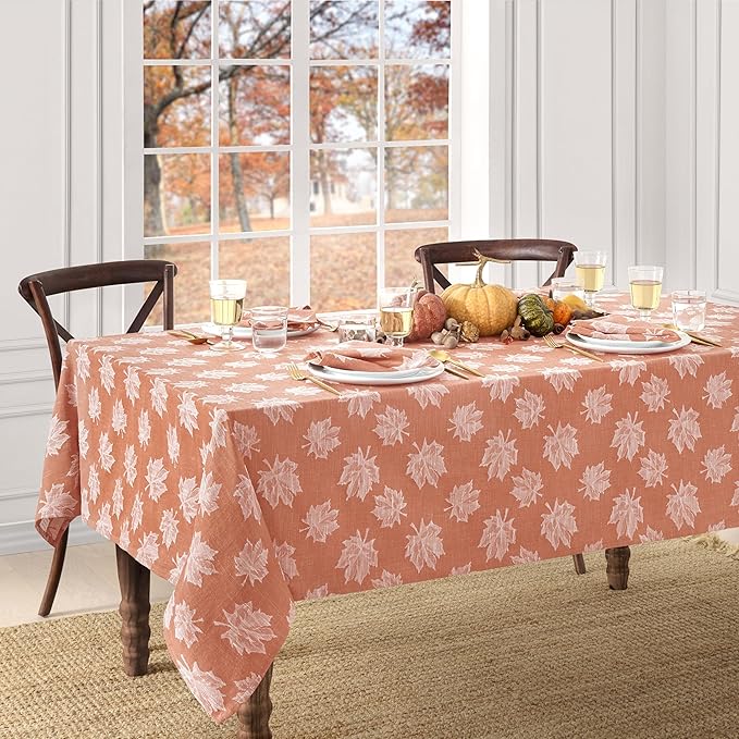Elrene Home Fashions Falling Leaves Jacquard Harvest/Thanksgiving Cotton Tablecloth, 60"x120" Rectangle, Sienna