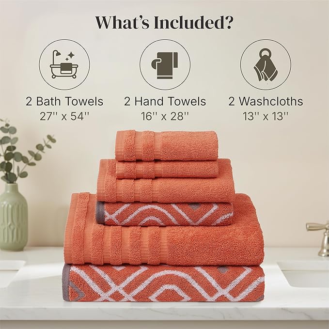 Modern Threads Classic Diamond 6-Piece 100% Cotton Towel Set – Yarn Dyed Jacquard – Includes 2 Bath Towels, 2 Hand Towels, 2 Washcloths – Absorbent, Quick Dry, Soft & Durable – Rust Orange