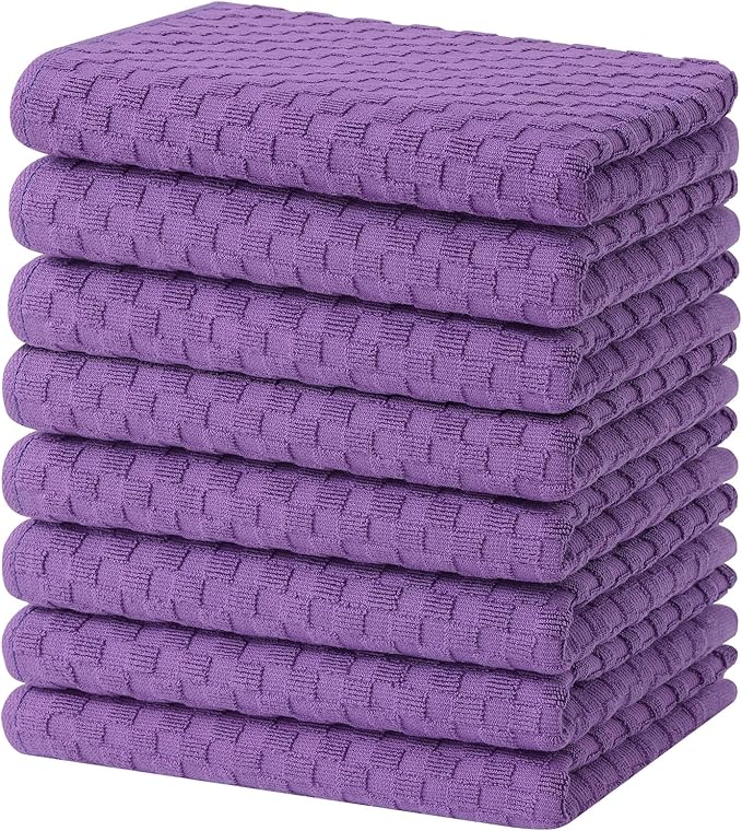 Homaxy 100% Cotton Terry Kitchen Towels(15" x 25", 8 Pack), Soft and Super Absorbent Dish Towels, 380 GSM Reusable Tea Towel with Hanging Loop, Pineapple Grid Designed, Purple