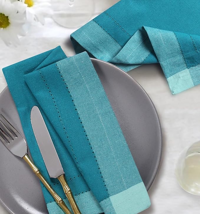 Bedding Craft Cotton Cloth Dinner Napkins Set of 12 – 20x20 Teal Multi Double Hemstitched – Machine Washable Reusable Fabric Napkins for Weddings & Dinner Tables