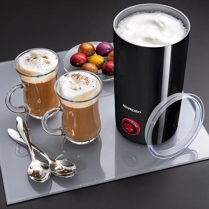 Mixpresso Electric Milk Frother, Stainless Steel Milk Steamer & Milk Warmer, Automatic Shutoff, Non-Stick Interior, Cool Touch, 9.4 oz/6.0oz Capacity, Black Electric Frother for Hot Chocolate