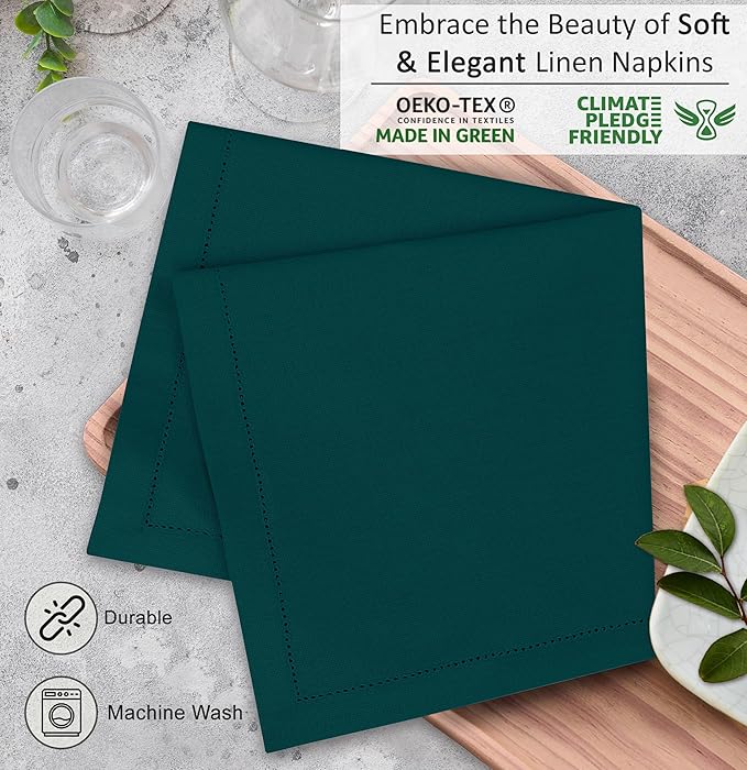 Ruvanti Premium Linen Napkins Set of 12-20x20 Inch, Classic Hemstitch, Mitered Corner Cloth Napkins ‎‎- Soft, Elegant Dinner Napkins Cloth Washable for Weddings, Parties, Everyday Use - Teal