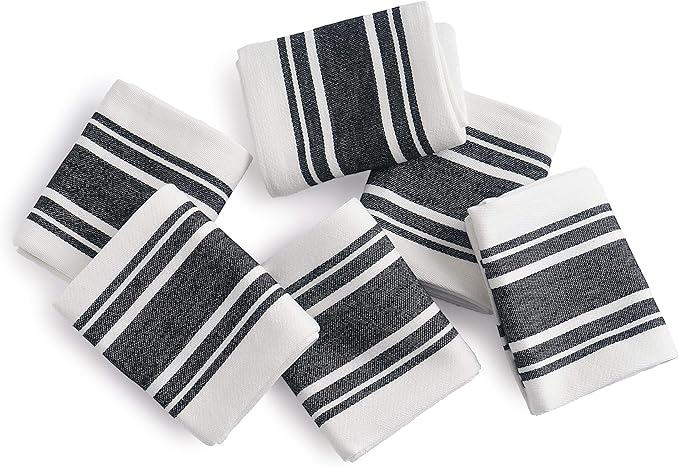 Kitchen Towels Set – Pack of 6 (20’’ x 30’’) Extra Large Premium Cotton Dish Towels for Kitchen – Super Striped Towels – Absorbent – 100% Cotton – with Hanging Loop – Black