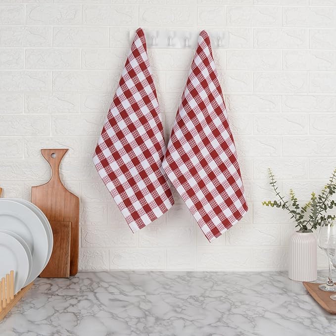 Blue Needles Set of 6 Waffle Weave Kitchen Towel, 15x25 Inches 100% Cotton Check Plaid Dish Towels for Kitchen, Soft & Absorbent for Quick Drying with Hanging Loop, Spring Summer - Burgundy & White