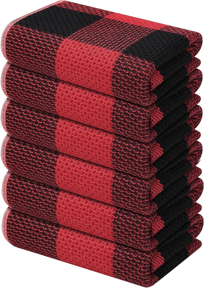 Mordimy 100% Cotton Waffle Weave Kitchen Towels, 13 x 28 Inches, Super Soft and Absorbent Buffalo Check Dish Towels for Drying Dishes, 6-Pack, Black & Red