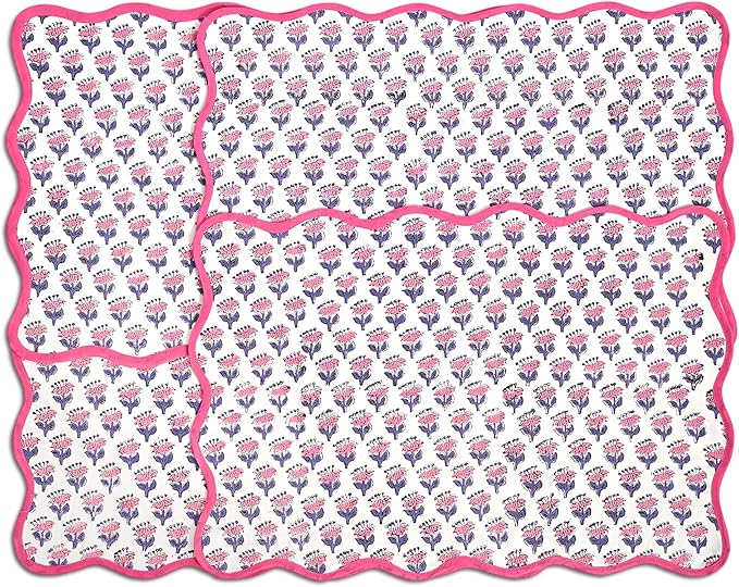 CPC Cotton Placemats Pink Sapphire Set of 4-Hand Block Printed Reversible Placemats, Flower Scalloped & Embroidered Cloth Table Mats - 14 x 20 inch Gift for Spring, Mother's Day