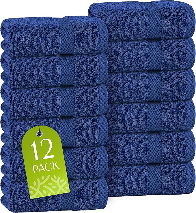 White Classic Navy Washcloths Set for Body and Face Towel, Cotton Wash Cloths Bulk 12 Pack, Spa Fingertip Wash Clothes 12x12 Inch, Soft Absorbent Gym Towels
