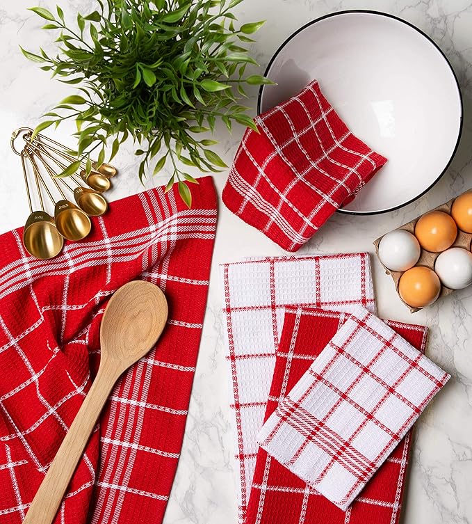 DII Waffle Weave Kitchen Collection 100% Cotton, Machine Washable, Fast Drying and Absorbent, Dishtowel Set, Red 6 Piece