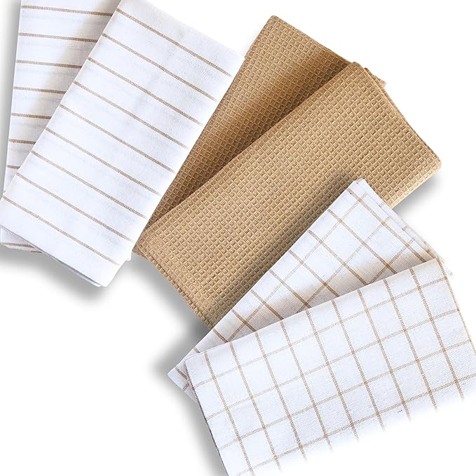 Cotton Dish Towels For Kitchen Drying - Highly Absorbent Wide Beige Striped Plaid Tea Towels - 18"X28" Set Of 6 Farmhouse Linen Dishtowels In Bulk - Pano De Prato Para Cozinha - T Towles Towls