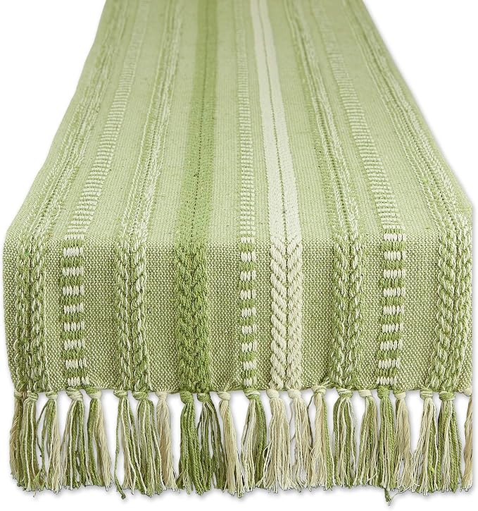 DII Farmhouse Braided Stripe Table Runner Collection, 15x72 (15x77, Fringe Included), Antique Green