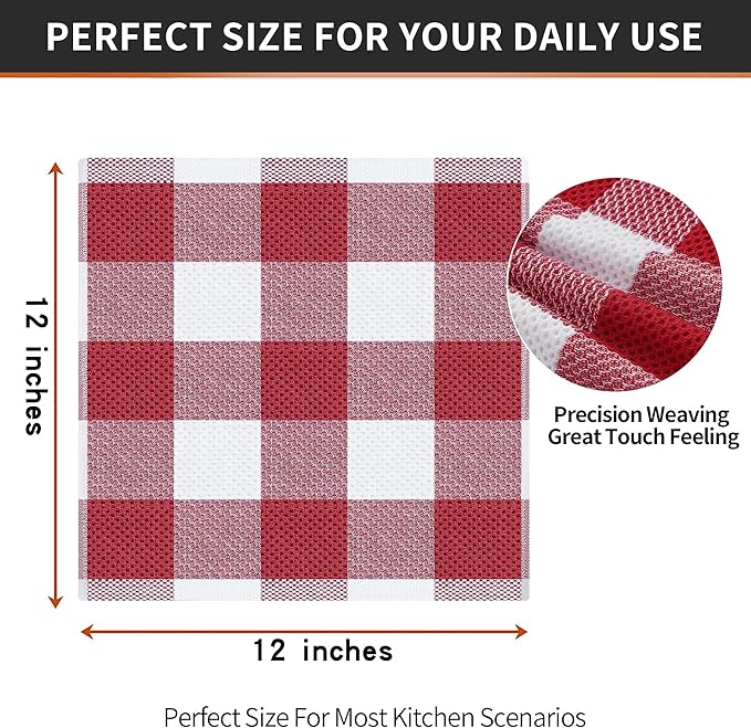 Homaxy 100% Cotton Waffle Weave Check Plaid Dish Cloths, 12 x 12 Inches, Super Soft and Absorbent Dish Towels Quick Drying Dish Rags, 6-Pack, White & Red