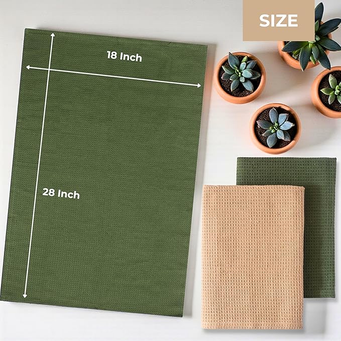 Highly Absorbent Cotton Dish Towels for Drying - Set of 3+3 - Sage Green + Beige Kitchen Towels - 18"X28" Lint Free Waffle Weave Cloth Linen Hand Bathroom Bulk Dishtowels