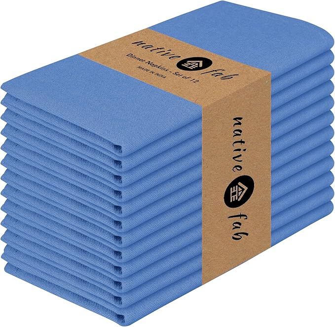 Native Fab Sky Blue Easter Cloth Napkins Set of 12-100% Cotton Spring Dinner Napkins 17x17 - Premium Hotel Quality Table Decor - Soft, Absorbent, Washable, Reusable Bulk Fabric Cloth, Light Blue