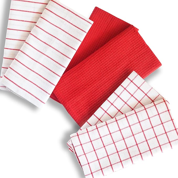 Cotton Dish Towels for Kitchen Drying - Highly Absorbent Wide Red Striped Plaid Tea Towels - 18"X28" Set of 6 Farmhouse Linen Dishtowels in Bulk - Pano De Prato para Cozinha - T Towles Towls