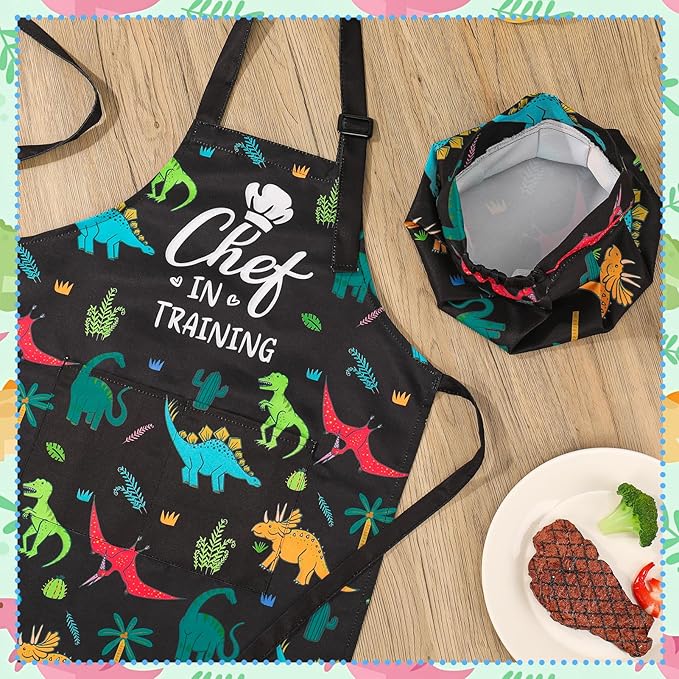 Kids Apron and Chef Hat Set, Funny Apron with 2 Pockets, Adjustable Kids Aprons for Cooking for Boys and Girls