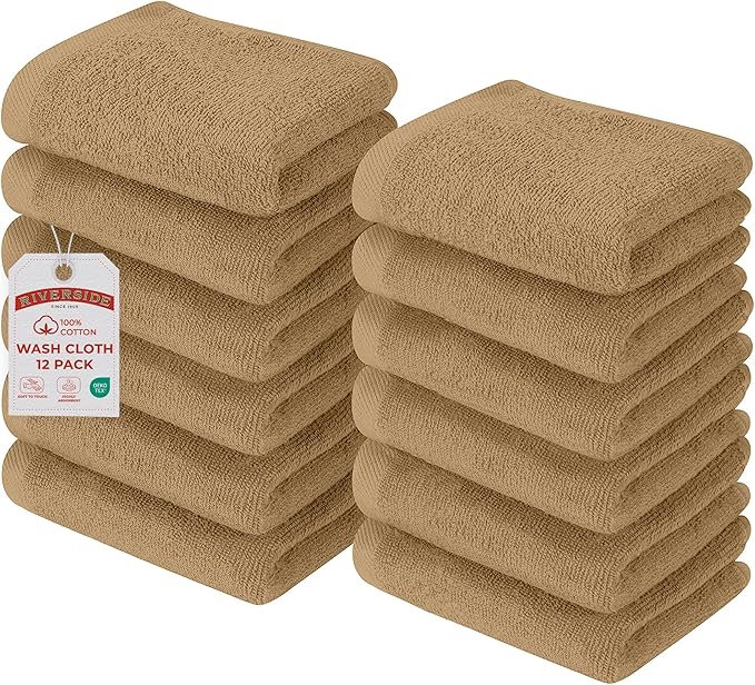 RIVERSIDE Pack of 12 Washcloths, 12 x 12 Inches, 100% Cotton, Premium Flannel Face Cloths, Highly Absorbent & Soft Feel Fingertip Towels (Tan, 12 Pack)