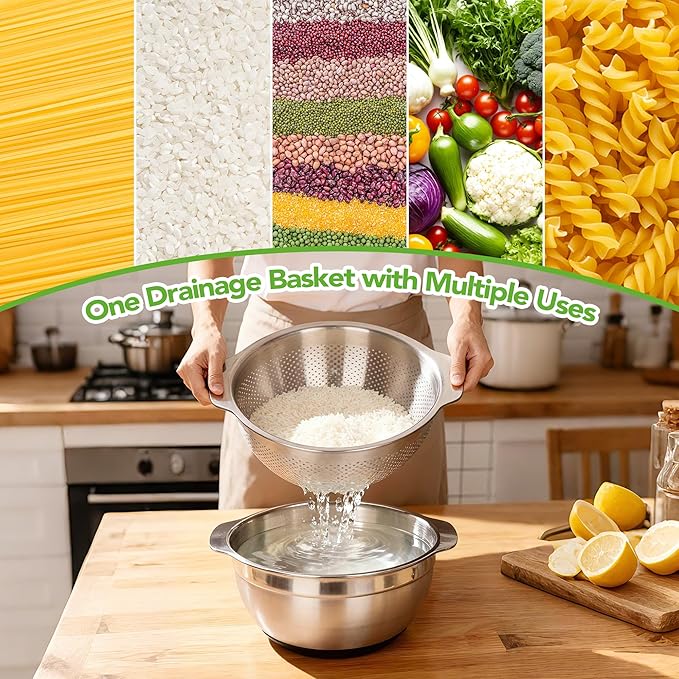 304 Stainless Steel Colander, 5 QT Large Capacity and 5QT Mixing Bowl, 2mm Micropore Strainer for Washing Rice, Fruit, and Veggies, Perfect Draining for Cooked Pasta
