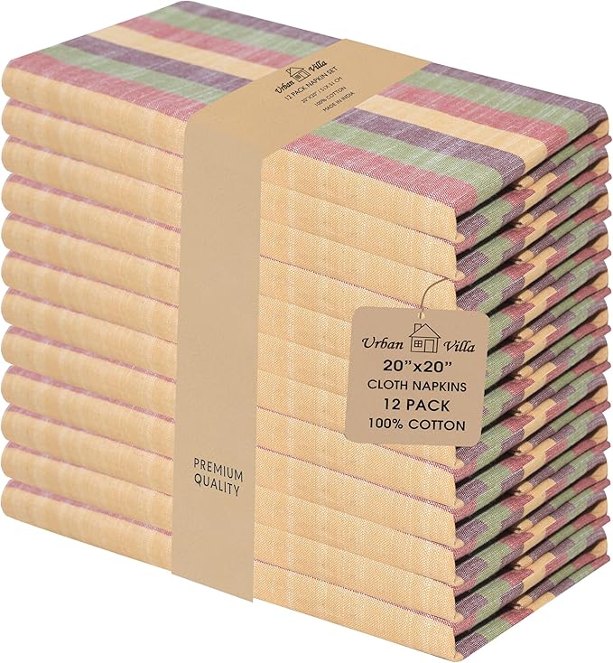 Urban Villa Cloth Napkins Set of 12 20x20 Inches 100% Cotton Napkins Cloth Washable Durable Reusable Absorbent Table Dinner Napkins Cloth for Thanksgiving Fall Hotel Lunch Restaurant- Harvest Stripes