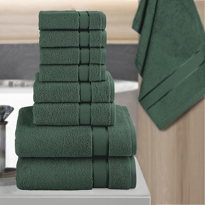 Elegant Comfort Premium Cotton 8-Piece Towel Set, Includes 4 Washcloths, 2 Hand Towels and 2 Bath Towels, 100% Turkish Cotton - Highly Absorbent and Super Soft Towels for Bathroom, Hunter Green
