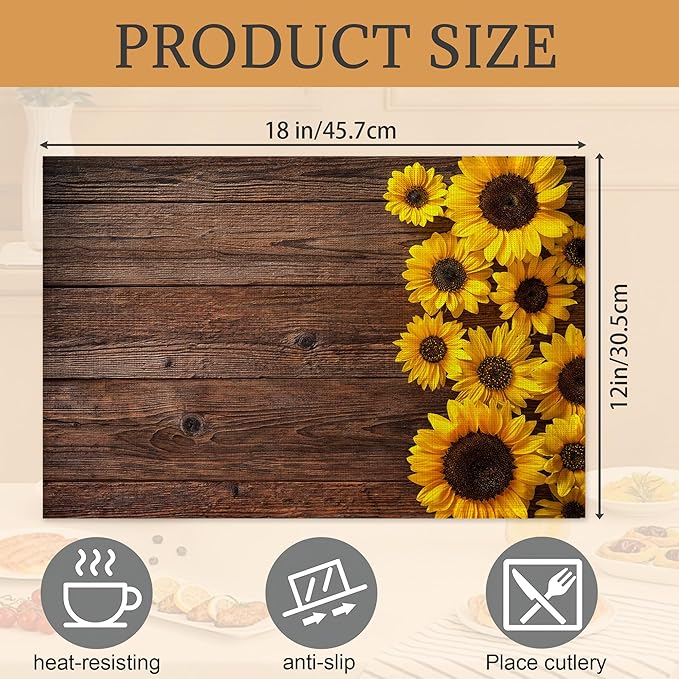 Sunflowers Wooden Placemats Set of 6,Washable Heat Resistant 12×18 Inch Linen Table Mats,Place Mats for Party Outdoor Dining Decor