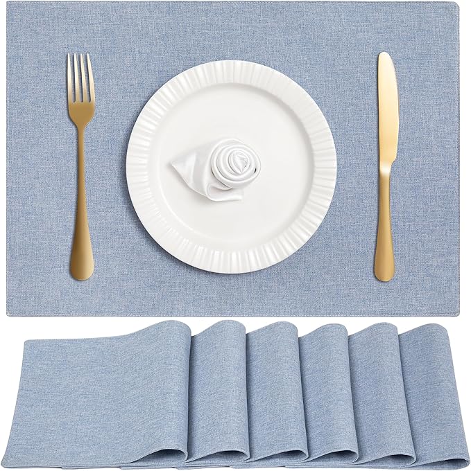 Linen Cloth Double Layers Placemats, Cotton Woven Placemats Set of 6, Kitchen Table Farmhouse Decor Heat Resistant Table Mats, Outdoor Indoor Square Fabric Place Mats Can be Washable (Sky Blue)