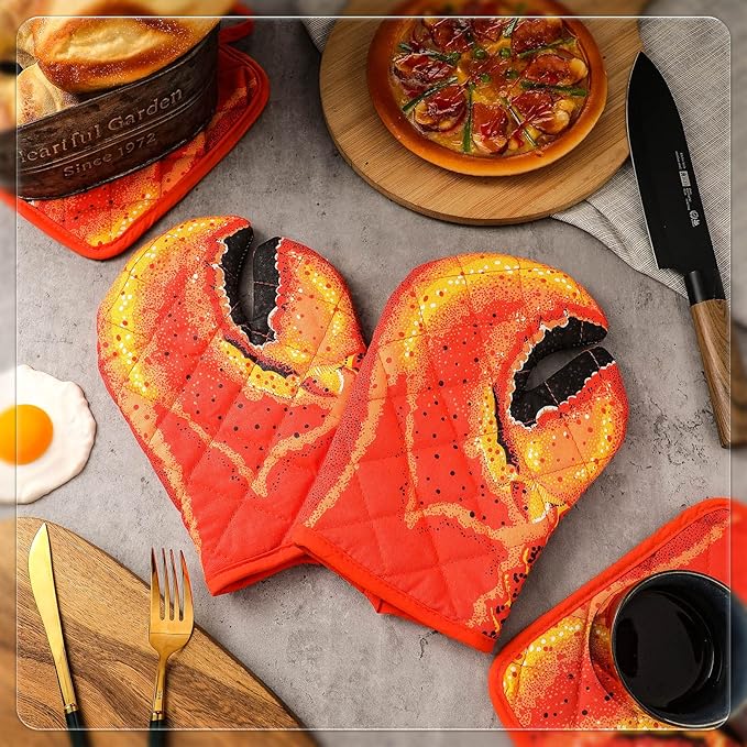 4 Pcs Lobster Claw Oven Mitts and Pot Holders Quilted Cotton Lining Design Heat Resistant Oven Gloves Set with Poth Holder Microwave Gloves Safe for Baking Cooking Barbecue