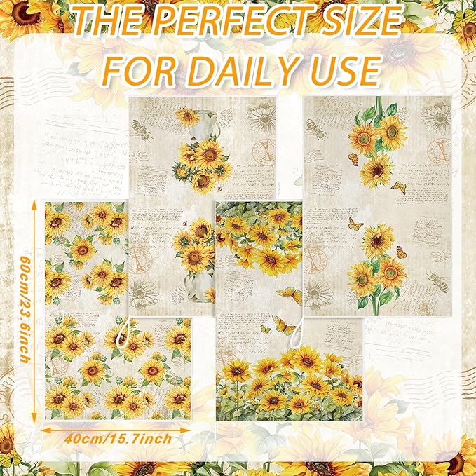 Bencailor 6 Pcs Sunflower Kitchen Towels Decorative Sets Dish Towels Absorbent Fast Drying Hand Tea Vintage Hanging Reusable Cleaning Dishcloths for Cooking Farmhouse Bathroom Accessory