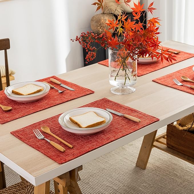 Kevin Textile Fall Table Mats Set of 4 Heat Resistant Washable Placemats for Seasonal Autumn Parties Buffet Dinner, 13 x 19 inches, Burnt Brick
