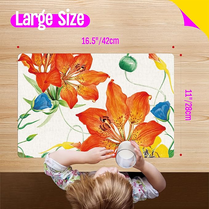 6 Pack Elegant Placemats, Non-Slip Washable, Reusable Placemat - Plants, Flowers Birds, Nature Theme Placemats for Home, Office, Restaurant, Dining Table, Adults, Kids,