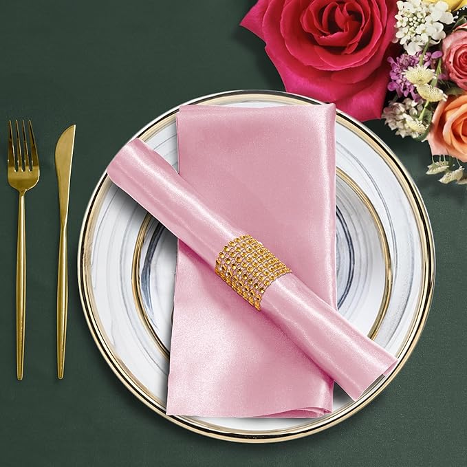 100 Pack Pink Satin Napkins and Napkin Rings Set, 12 x 12 Inch Silky Soft Cloth Napkins Set of 50, Square Satin Dinner Table Napkins Bulk for Wedding Banquet Graduation Party Decoration