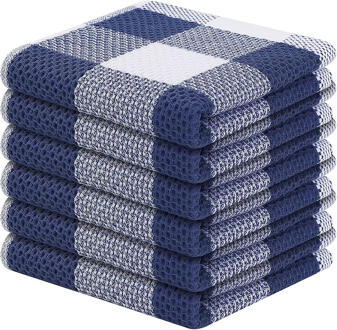 Mordimy 100% Cotton Waffle Weave Plaid Dish Cloths, 12 x 12 Inches, Super Soft and Absorbent Quick Drying Buffalo Check Dish Rags for Kitchen, 6-Pack, White & Navy Blue