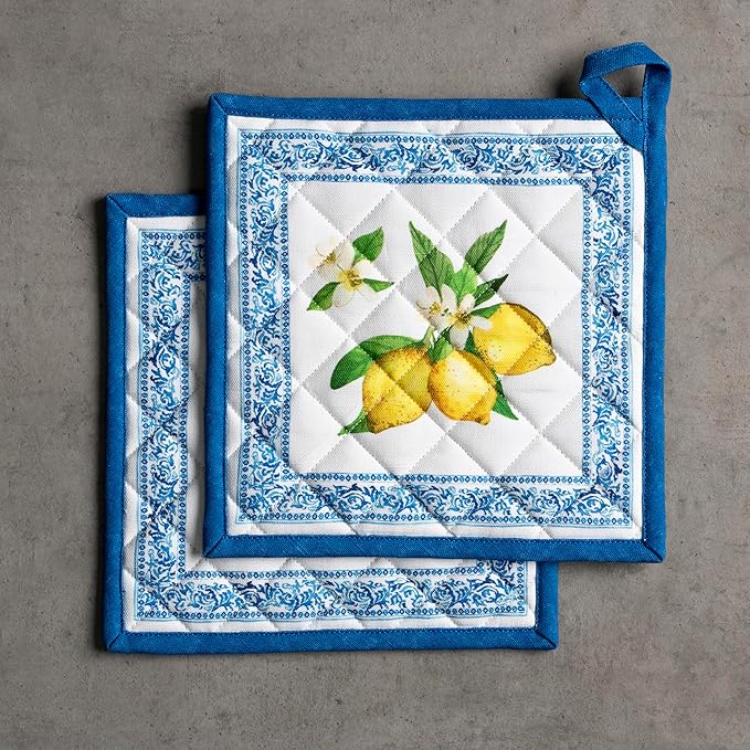 Maison d' Hermine Pot Holders 100% Cotton Heat Resistant Potholders 8" x 8" Hot Pads with Loop BBQ Cooking Baking Gifts for Mothers Day Handling Hot Pans Spring/Summer (Pack of 2, Cedrat)