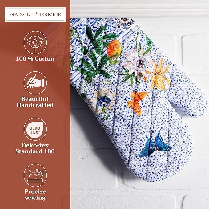 Maison d'Hermine Oven Gloves 100% Cotton Oven Mitt 7" x 13" with Loop Heat Resistant BBQ Cooking Gloves Baking Grilling Gifts for Mothers Day Spring/Summer (Pack of 1, Passiflora)