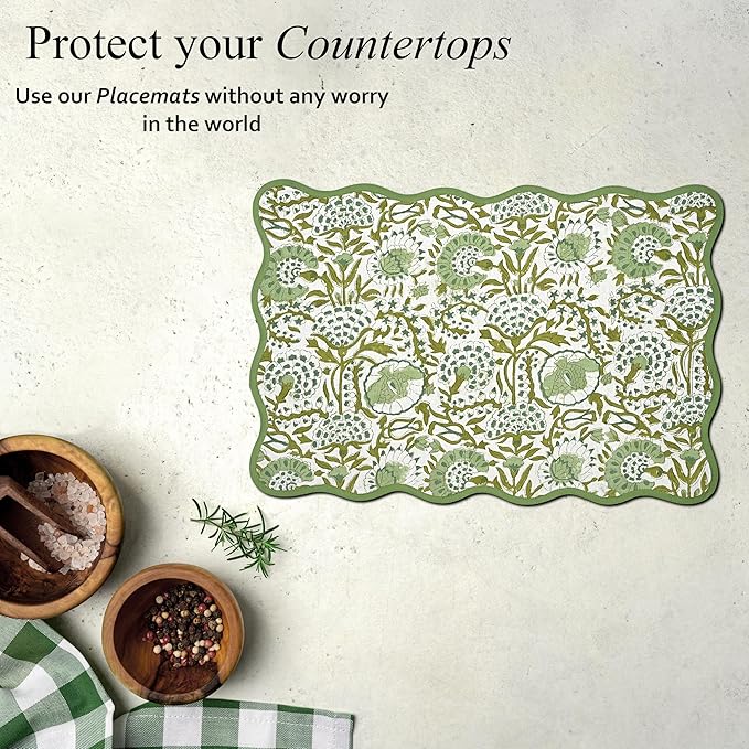 CPC Cotton Placemats Agate Green Set of 4-Hand Block Printed Reversible Placemats, Flower Scalloped & Embroidered Cloth Table Mats - 14 x 20 inch Gift for Spring, Mother's Day