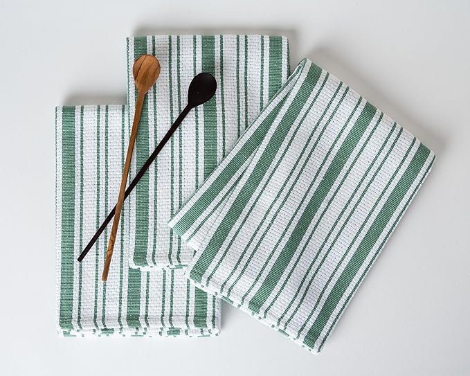 Kitchen Towels Set – Pack of 6 (20’’ x 30’’) Extra Large Premium Cotton Dish Towels for Kitchen – Absorbent – 100% Cotton – with Hanging Loop – Green Multi Design Striped