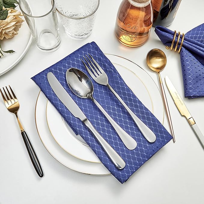 Cloth Napkins Set of 8 – Square 17x17 Inch Jacquard Fabric Polyester Washable Reusable Cloth Napkins for Kitchen Dinner Dining Restaurants Wedding Party Banquet Table (Navy Blue)