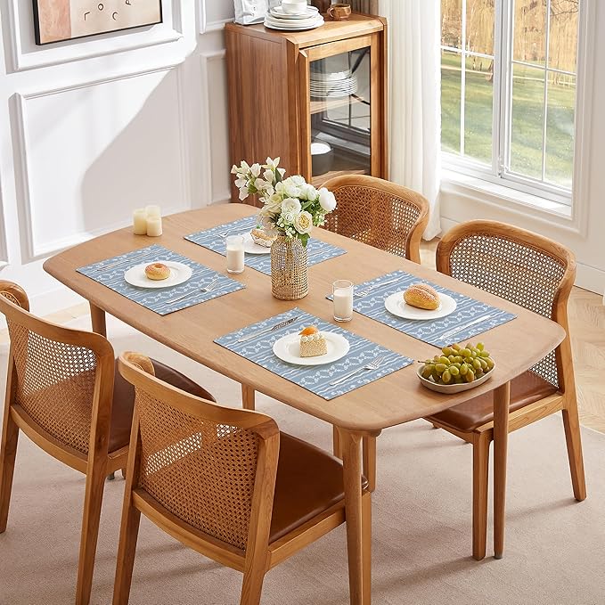 LilyCat Linen Fabric Blue Floral Placemats, Stripes Durable Boho Dining Table Mats for Kitchen, Rustic Vintage Washable Place Mats Set of 6, 18’’× 12’’