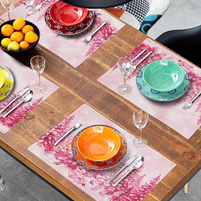 Pink Forest Placemat Set of 4 Winter Tree Linen Place Mat for Home Holiday Decor