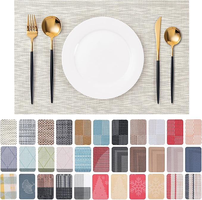 CADONO Placemats Set of 4 Washable Indoor/Outdoor Vinyl Place Mats for Dining Table Durable Non-Slip Heat Resistant PVC Weave Table Mats（Beige）