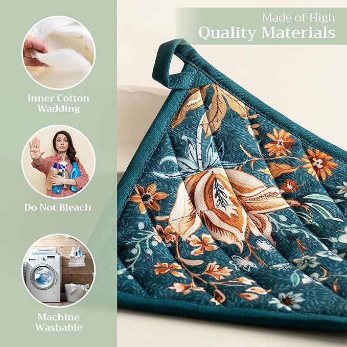 Maison d' Hermine Pot Holders Set 100% Cotton Heat Resistant Potholders 8" x 8" Hot Pads with Loop for Thanksgiving Christmas Decorations Baking Handling Hot Pans (Pack of 2, Luxury Loft - Dark Teal)