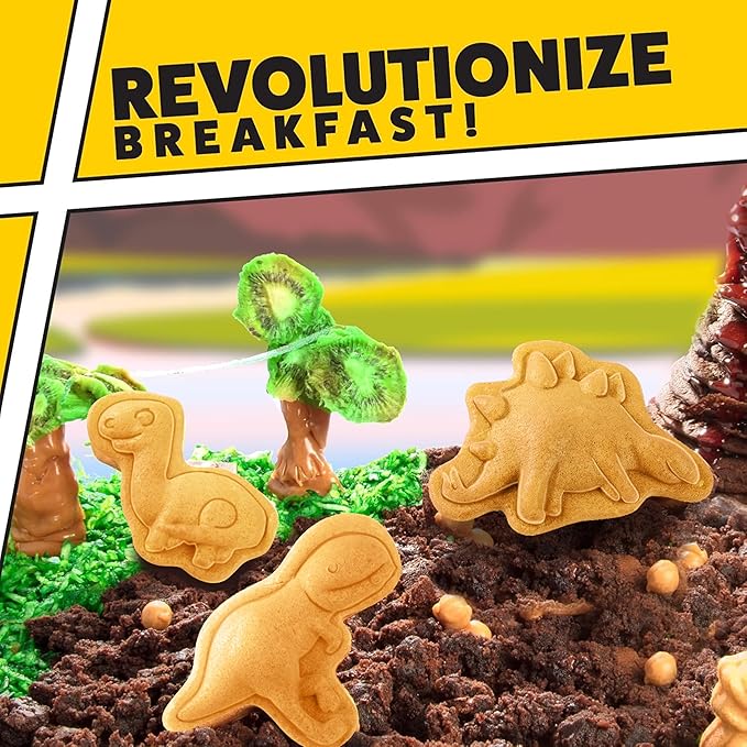 Dinosaur Mini Waffle Maker- 5 Different Double Sided 3D Shaped Dinos in Minutes- Kids Adults Breakfast Fun w/Cool Novelty Pancakes, Electric Baker, Non-Stick Waffler Iron w Recipe Guide, Gift for Him