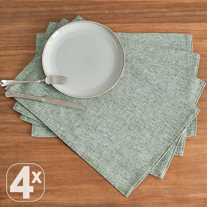 JINCHAN Cloth Placemats Set of 4 Faux Linen Place Mats Burlap Textured Fabric Table Mats Farmhouse Placemats for Dining Home Decor Double Layer Tablemats 13x19 Inch Heathered Green