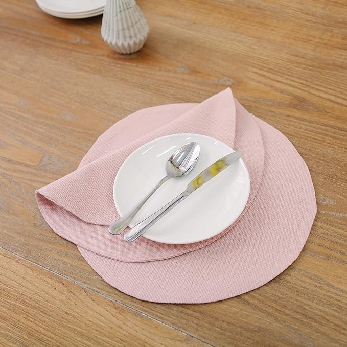 Set of 4 Round Placemat 15 Inch Soft Linen eco-Friendly Fabric Handcrafted Machine Washable Indoor & Outdoor Tablemat Baby Pink
