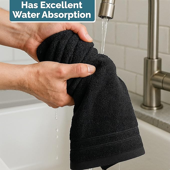 Black Hand Towels for Bathroom - 6 Pack (16"x28"), 100% Ringspun Cotton Hand & Face Towel - Soft, Prevent Fraying, Fade and Shrink Resistant - Daily Use Gym Towels for Men & Family Bathroom Hand Towel