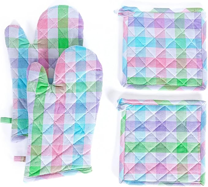 Native Fab 4 Piece Set - Gingham Check 2 Oven Mitts & 2 Potholders, Heat Resistant, 100% Cotton, Quilted Design, Non-Slip Grip, Ideal for Baking, Cooking, BBQ, Kitchen Protection, Multicolor