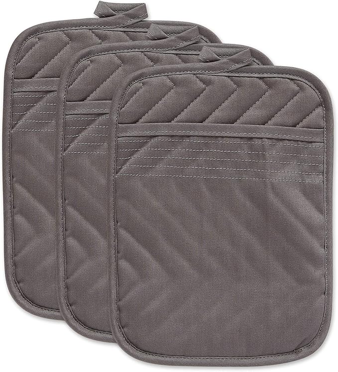 DII Heat Resistant Quilted Cotton Pot Holder Set, Designed with Space to Personalize Allowing a Customized Design, 7x9, Gray, 3 Count