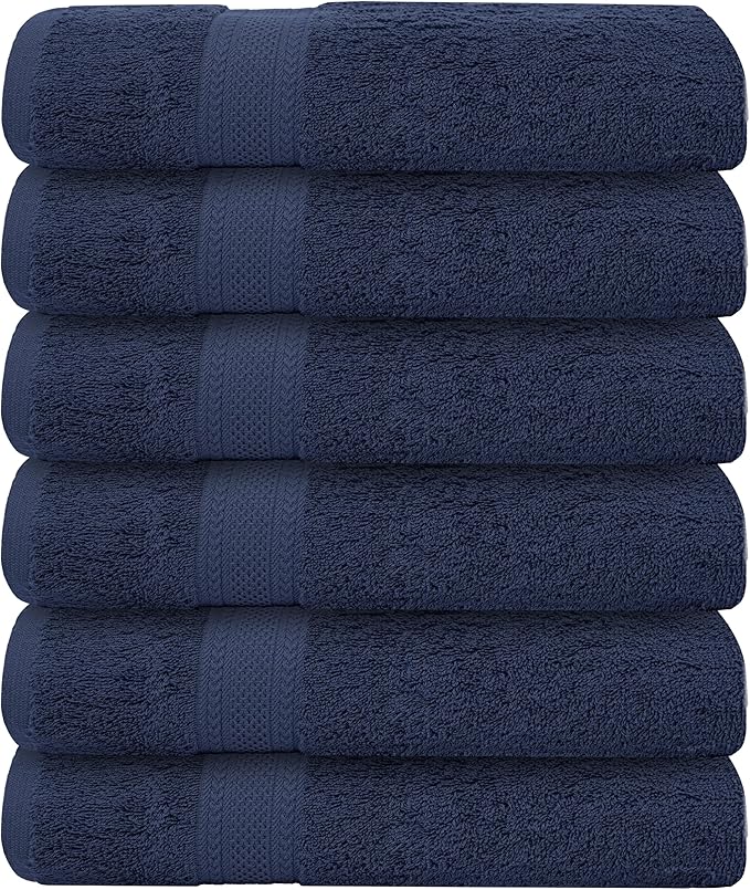 Bath Towels Set of 6 – 100% Cotton Terry – 24" x 48" – Quick Dry, Soft & Highly Absorbent – Navy Blue Towels for Bathroom, Gym, Spa, Pool & Daily Use