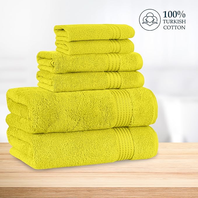 Mocassi Luxury 100% Turkish Cotton 6-Piece Towel Set - Ultra Soft, Quick Dry Highly Absorbent Premium Spa Hotel Quality Bath Towels, Includes 2 Bath Towels, 2 Hand Towels and 2 Washcloths, Yellow