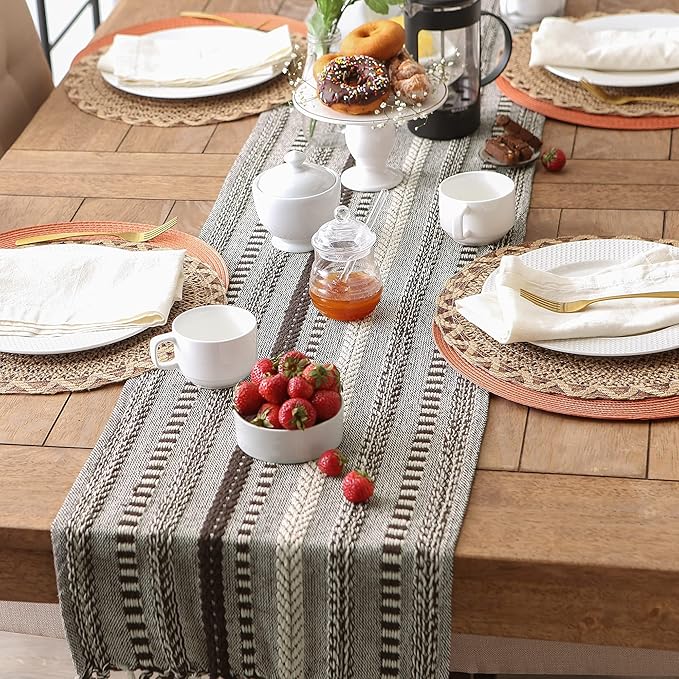 DII Farmhouse Braided Stripe Table Runner Collection, 15x108 (15x113, Fringe Included), Dark Brown